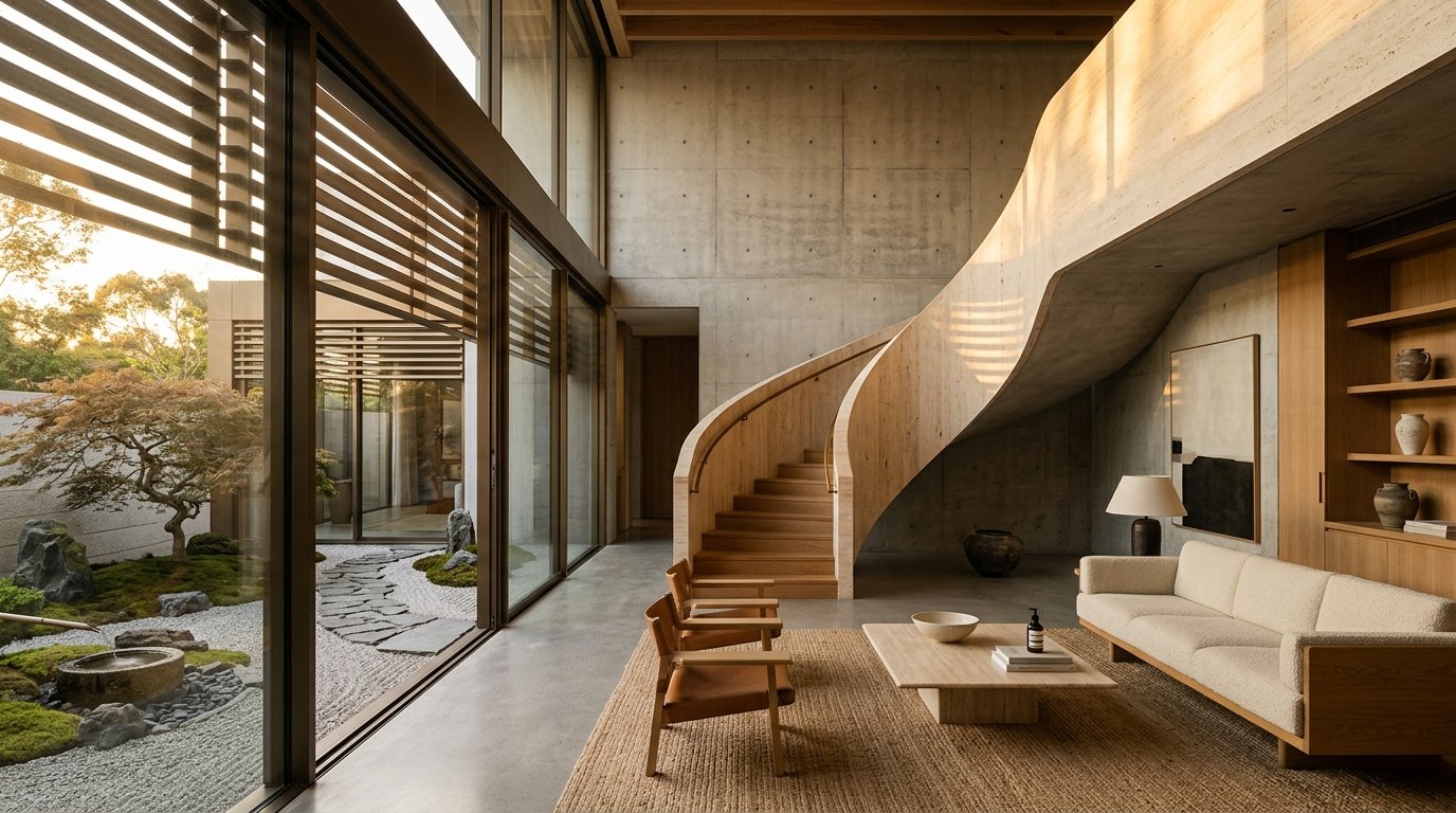 Minimalist interior architectural staircase and stone courtyard
